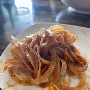 Onions in siracha and hoisin sauce