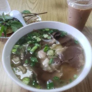 #18 Brisket pho, medium size. Vietmanese Ice  offee.