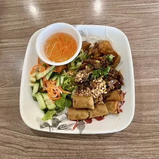 49. Vermicelli BBQ Beef, Fried Pork Sausage, and Egg Rolls