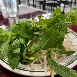 a plate of sprouts and mint leaves