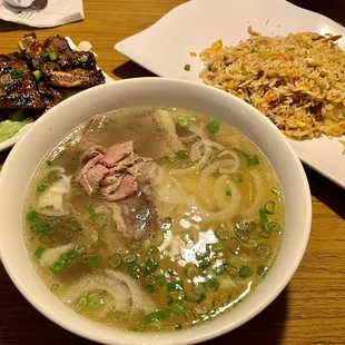 Shrimp fried rice, side of short ribs and brisket and steak pho