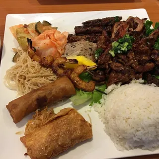 M4. Grilled Pork, Egg Rolls and Egg Foo Young, Shrimp Cake and Shrimp over Rice