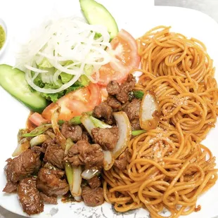 Shaken beef with garlic noodle
