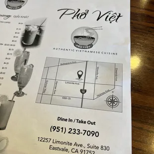 The menu now in Phô Viet