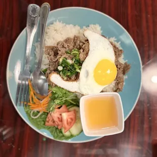 Marinated Sesame Beef white rice fried egg