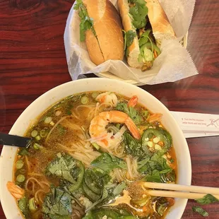 Shrimp Pho and Grilled Chicken Banh mi