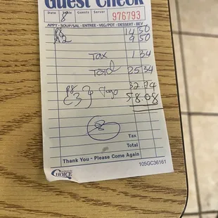 The bill without them telling me about the extra $2.00 take out fee.