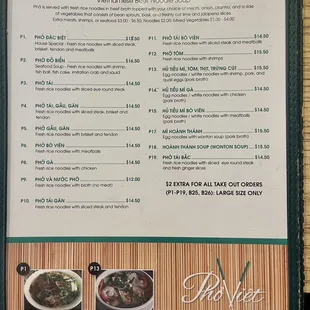 Menu pho dishes