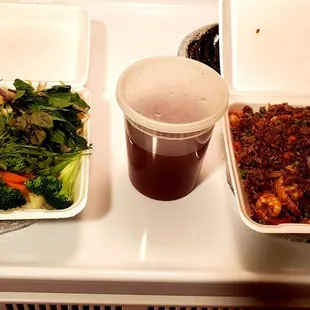 a tray of food and a drink