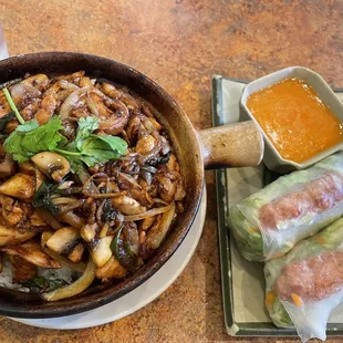 Combination Rice Clay Pot and Grilled Pork Patty (a summer roll of sorts).