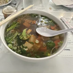 Tofu, broccoli and carrots in a beef broth.