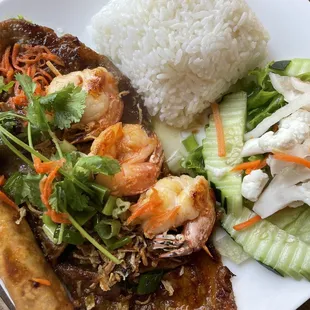 Grilled Pork Rice Plate with shrimp and egg roll