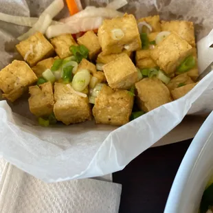 Fried tofu( chicken nuggets for our boy)