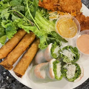 Trio appetizer: eggrolls, springrolls, fried shrimp