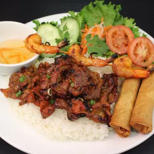 Grilled shrimp, meat , eggrolls