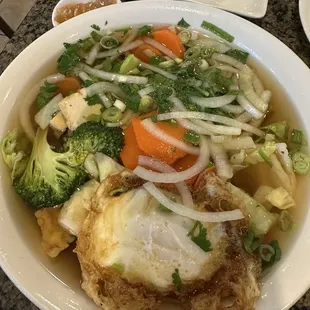 Veggie pho with fried egg