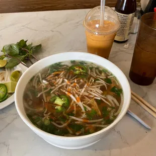 21. Pho Ga (chicken with rice noodles) &amp; 150. Thai Tea