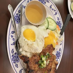 Pork chop with steamed rice and egg