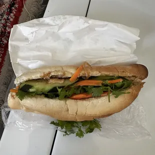 Vietnamese chicken banh mi sandwich on fresh French bread