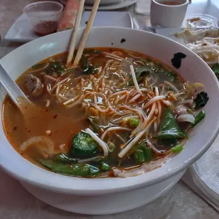 Pho special with chili oil added. Fresh ingredients