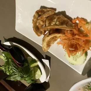 Pho toppings to the left and gyoza to the right