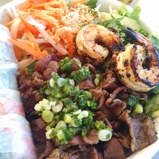 Rice vermicelli &amp; vegetables with charbroiled pork or beef, shrimp &amp; egg roll (and 2 shrimp too!)