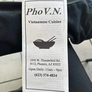 Front of Takeout Menu