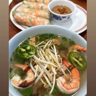 Shrimp pho and spring rolls