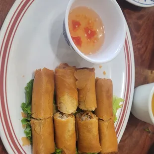 We got egg rolls, meatball soup and plank steak