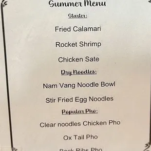 Summer menu