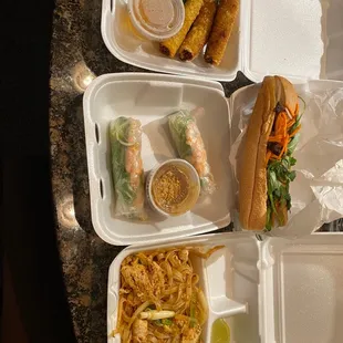 Crispy Vietnamese Egg Rolls,  Fresh Spring Rolls, Chicken Pad Thai, Beef sandwich