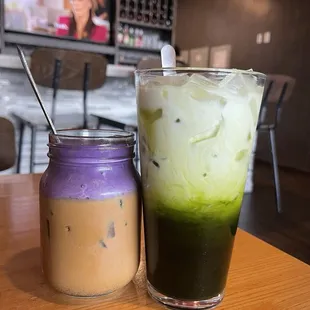 Ube coffee and green matcha Thai tea