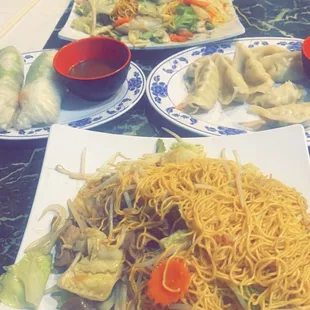 Egg fried noodles with beef and steamed veggies, egg fried noodle with seafood and steamed veggies. Steamed gyozas and spring rolls