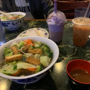 Tofu pho, taro bubble tea and Thai tea