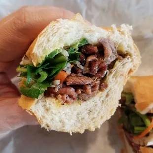 Cross section of grilled pork banh mi