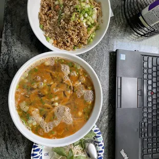 Hot beef Pho and fried rice.   Yum!