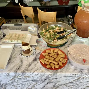 Spring Roll with peanut sauce, Lotus Salad, Banana Egg Roll, Taro Tapioca, and Viet Jasmine Sweet Tea