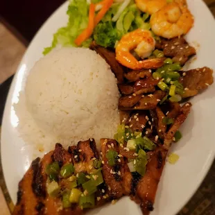 Grilled porkchop with shrimp, rice and veggies