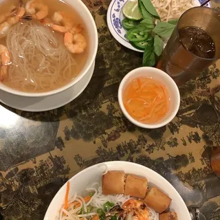 Vermicelli with Grilled Shrimp and Egg Rolls