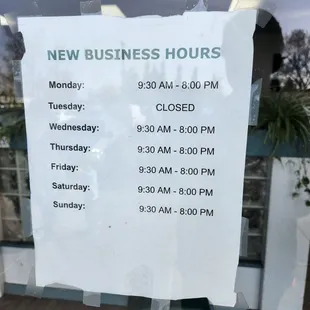 New hours December 2023