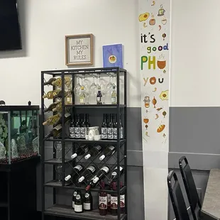 a fish tank and a wine rack