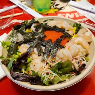 Shrimp on mixed greens and more.  So yummy.