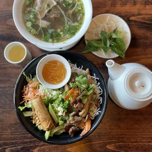 Beef pho, jasmine tea, zen vermicelli