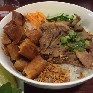 Grilled pork with vermicelli noodles and egg roll