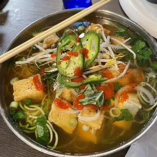 So good!! Pho with beef broth: Half egg noodle, half zoodles with fried tofu. Mmmmm!