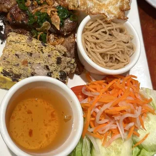 C10. Broken Rice Dish with Grilled Pork Chop, Shredded Pork, Egg Quiche and Fried Egg