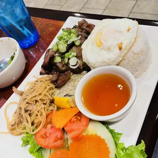 C11. Broken Rice Dish with Grilled Pork, Shredded Pork, Egg Quiche and Fried Egg