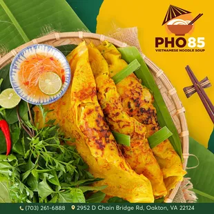 Crispy, golden, and absolutely delicious! 
 Dive into the authentic flavors of Bánh Xèo savory pancakes at their finest. Try it today!