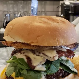 Diner double burger with bacon and a fried green tomato!