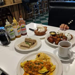 Special omelette, Biscuits and Gravy, Crab Cake Benedict, Deep Fried French Toast